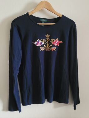 Ralph Lauren Embroidered Crest Nautical Long Sleeve Tee, Women's XL, Navy Blue